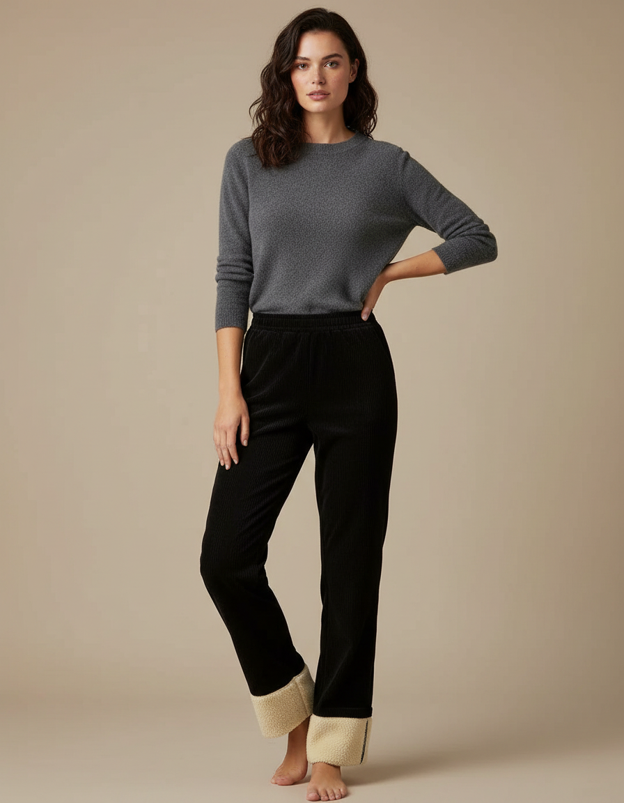Pantalon Velours Noir Côtelé Doublé Moelleux Femme - Cordé