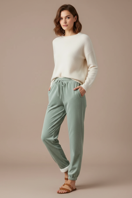 Pantalon Velours Vert Ample Molletonné Confortable Femme
