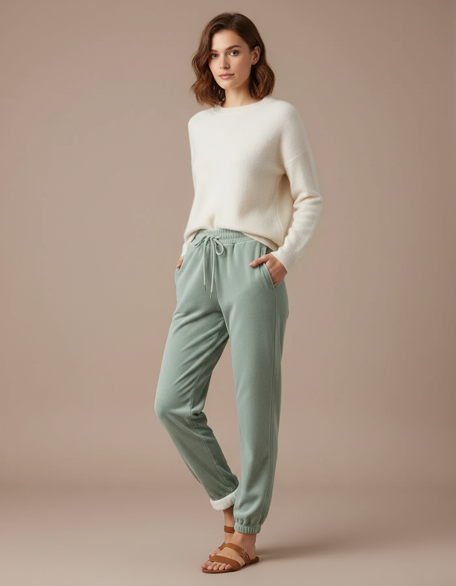Pantalon Velours Vert Ample Molletonné Confortable Femme