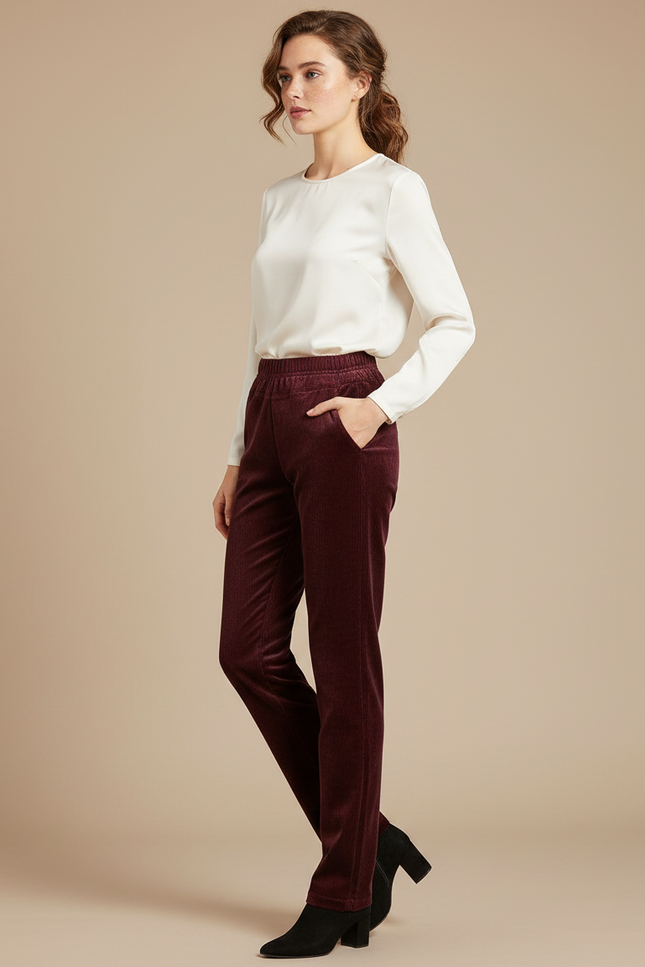 Pantalon Velours Cotelé Femme Bordeaux - Cordé