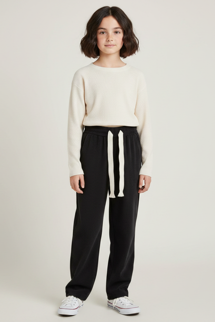 Pantalon Velours Noir Côtelé Ample Cordon Décontracté - Cordé