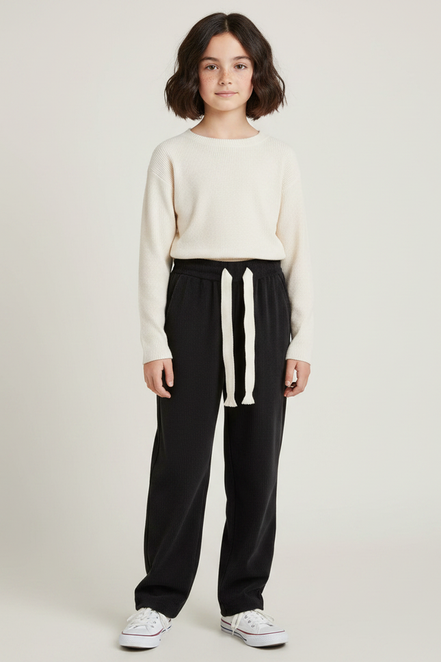 Pantalon Velours Noir Côtelé Ample Cordon Décontracté - Cordé
