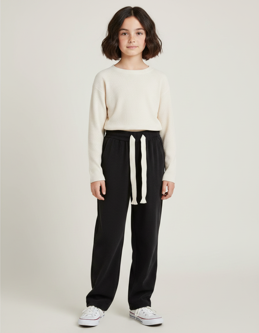 Pantalon Velours Noir Côtelé Ample Cordon Décontracté - Cordé