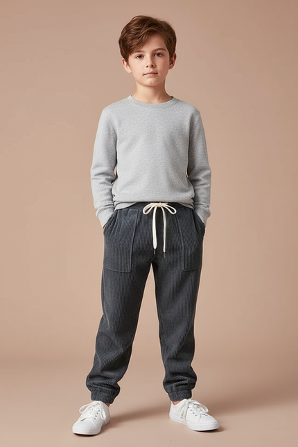 Pantalon Velours Côtelé Gris Décontracté Garçon - Cordé