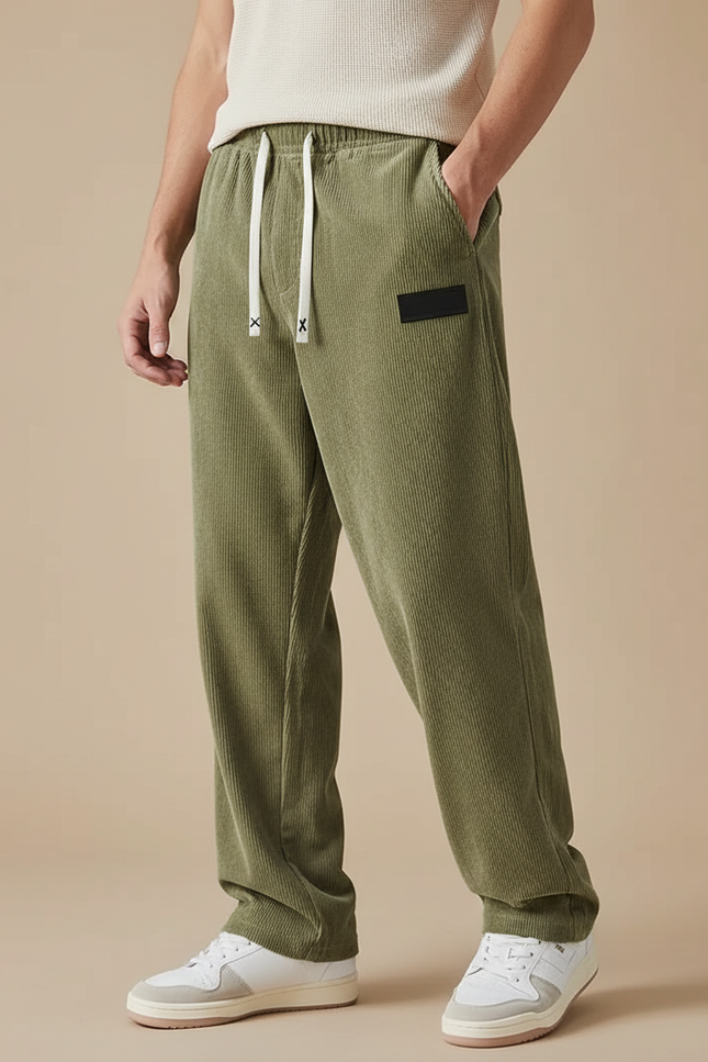 Pantalon Velours Côtelé Vert Ample Décontracté Homme - Cordé