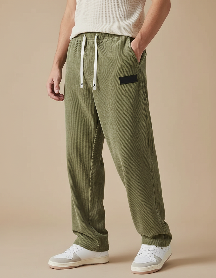 Pantalon Velours Côtelé Vert Ample Décontracté Homme - Cordé