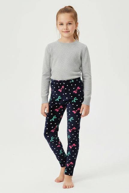 Pantalon Velours Bleu Marine Imprimé Nœuds Fille