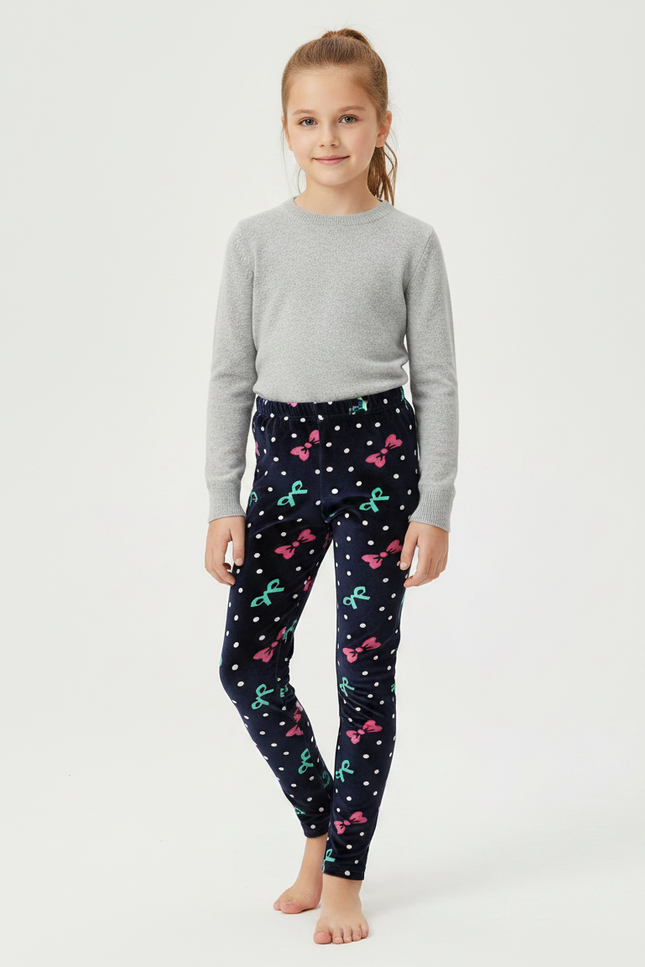 Pantalon Velours Bleu Marine Imprimé Nœuds Fille