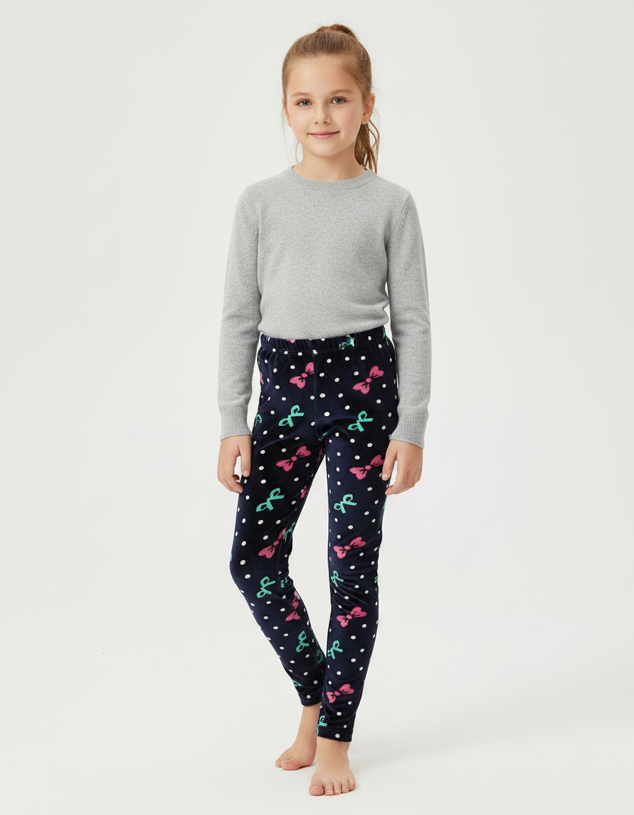 Pantalon Velours Bleu Marine Imprimé Nœuds Fille