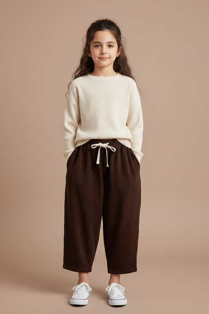 Pantalon Velours Marron Côtelé Ample Décontracté Enfants Hiver - Cordé