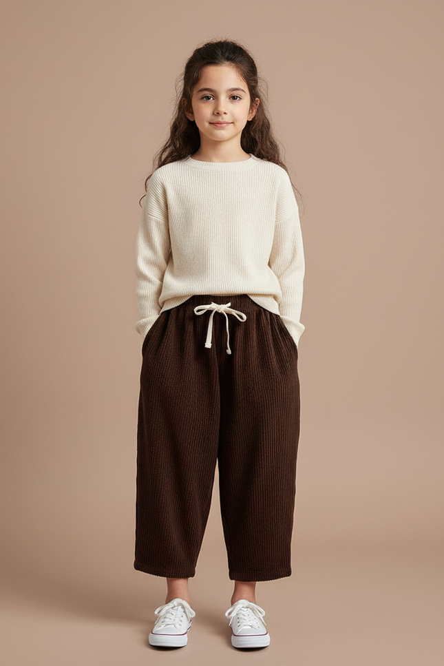 Pantalon Velours Marron Côtelé Ample Décontracté Enfants Hiver - Cordé