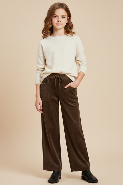 Pantalon Velours Marron Côtelé Large Décontracté Fille - Cordé