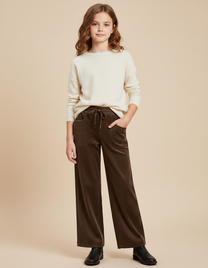 Pantalon Velours Marron Côtelé Large Décontracté Fille - Cordé