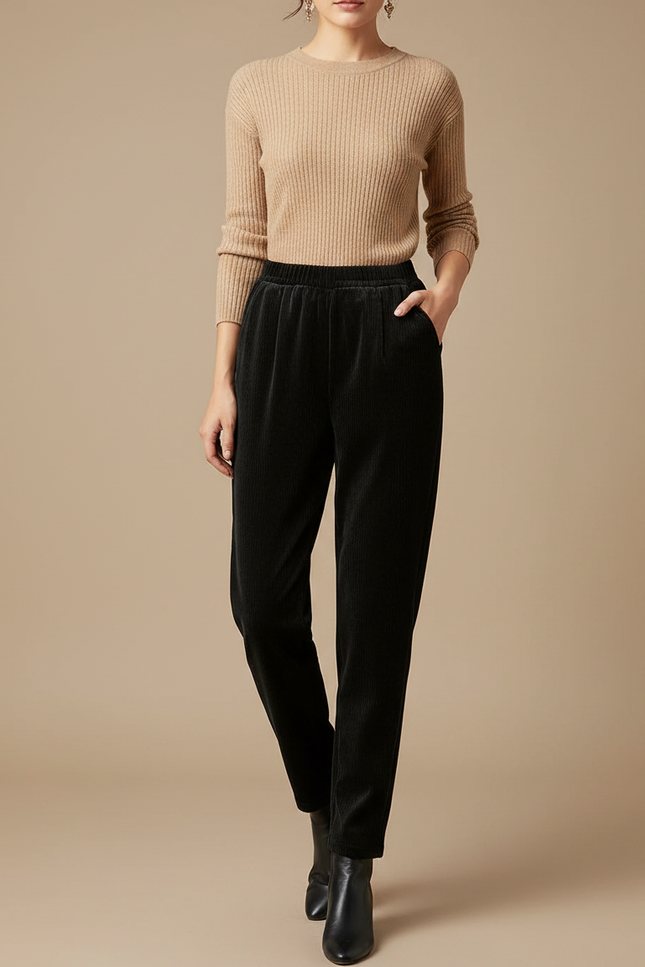 Pantalon Velours Noir Côtelé Confortable Élastique Chic - Cordé