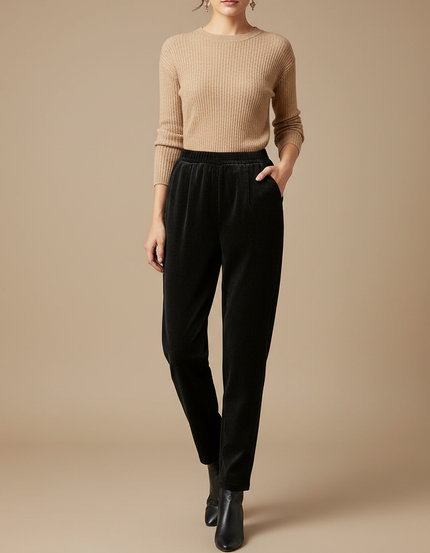 Pantalon Velours Noir Côtelé Confortable Élastique Chic - Cordé