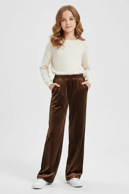 Pantalon Velours Marron Ample Fluide Élastiqué Fille
