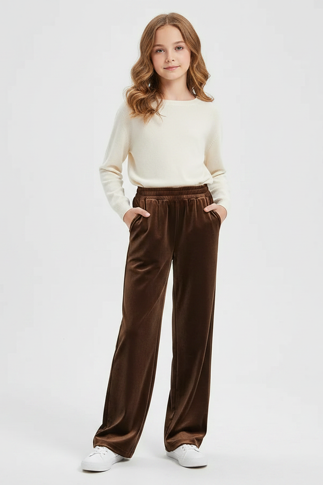 Pantalon Velours Marron Ample Fluide Élastiqué Fille