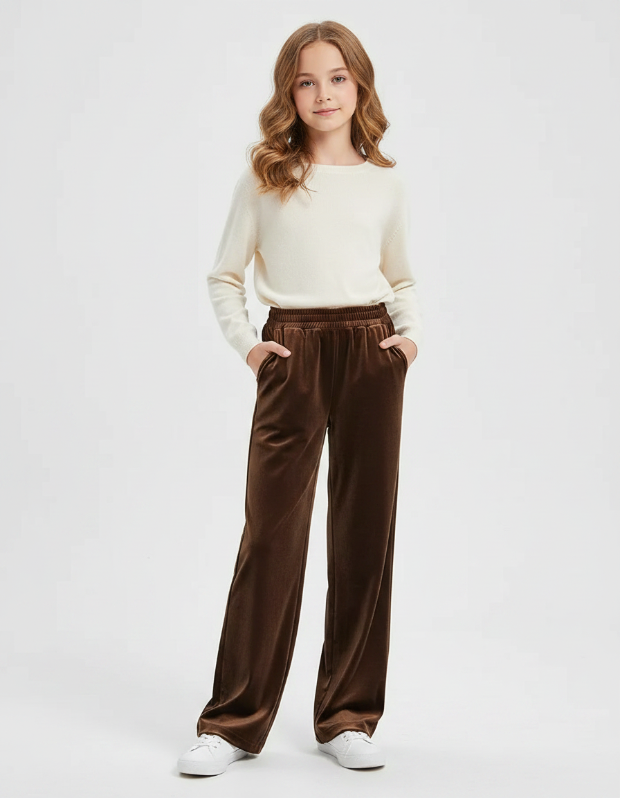 Pantalon Velours Marron Ample Fluide Élastiqué Fille