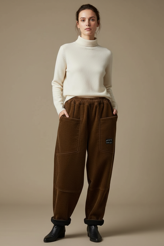 Pantalon Velours Femme Marron Baggy - Cordé