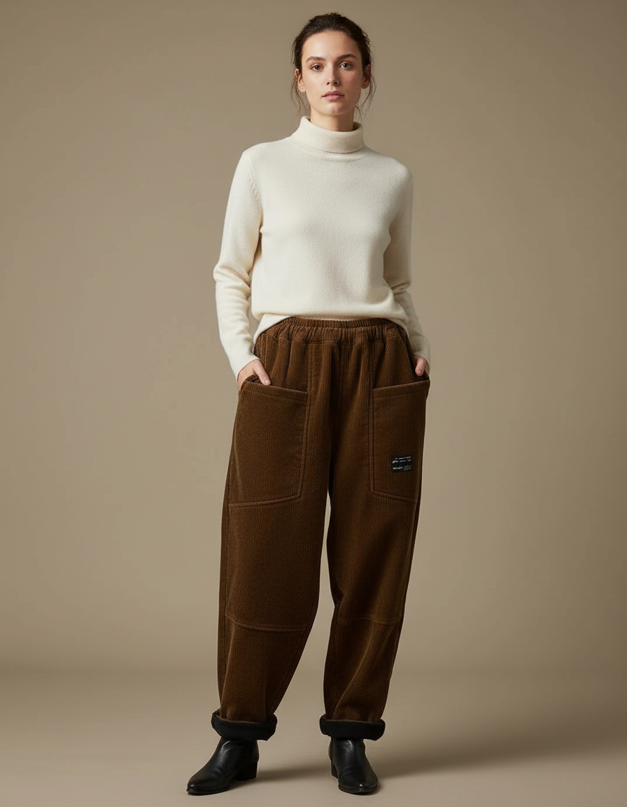 Pantalon Velours Femme Marron Baggy - Cordé