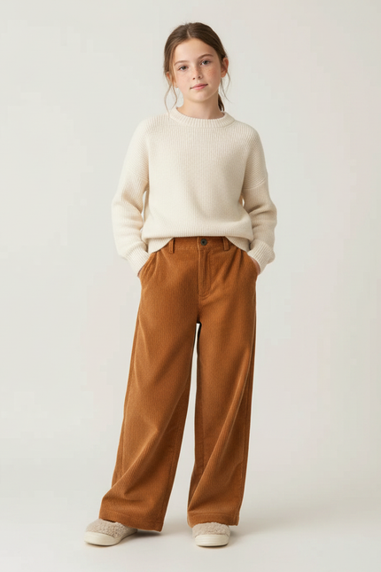 Pantalon Velours Marron Côtelé Ample Décontracté Fille - Camel