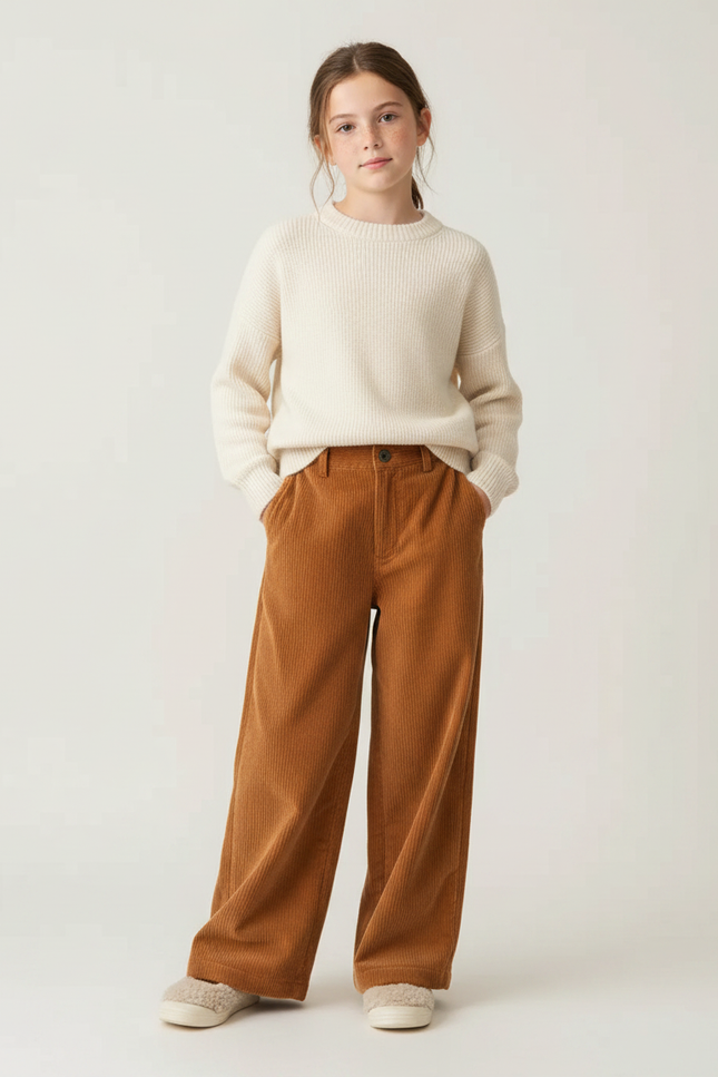 Pantalon Velours Marron Côtelé Ample Décontracté Fille - Camel