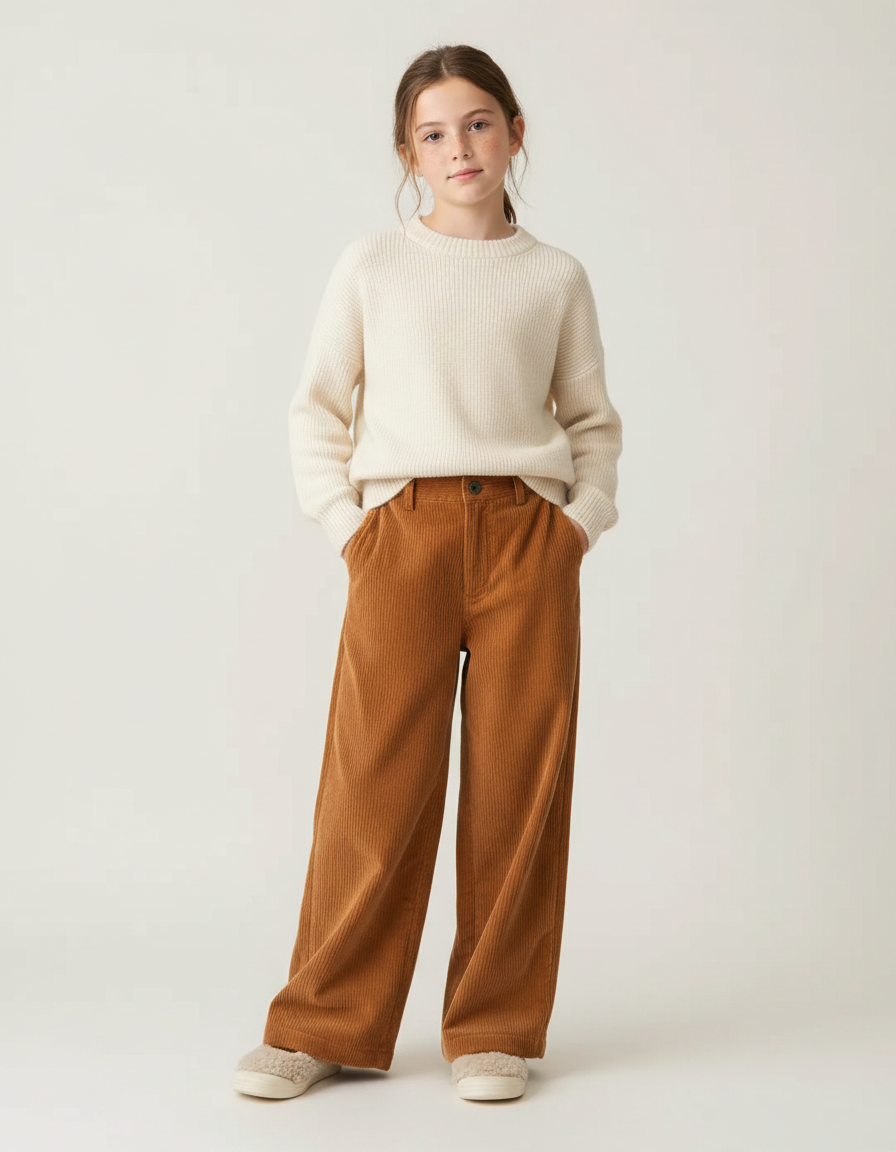 Pantalon Velours Marron Côtelé Ample Décontracté Fille - Camel
