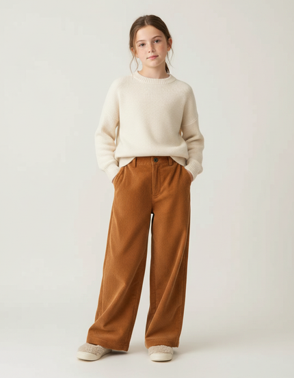 Pantalon Velours Marron Côtelé Ample Décontracté Fille - Camel