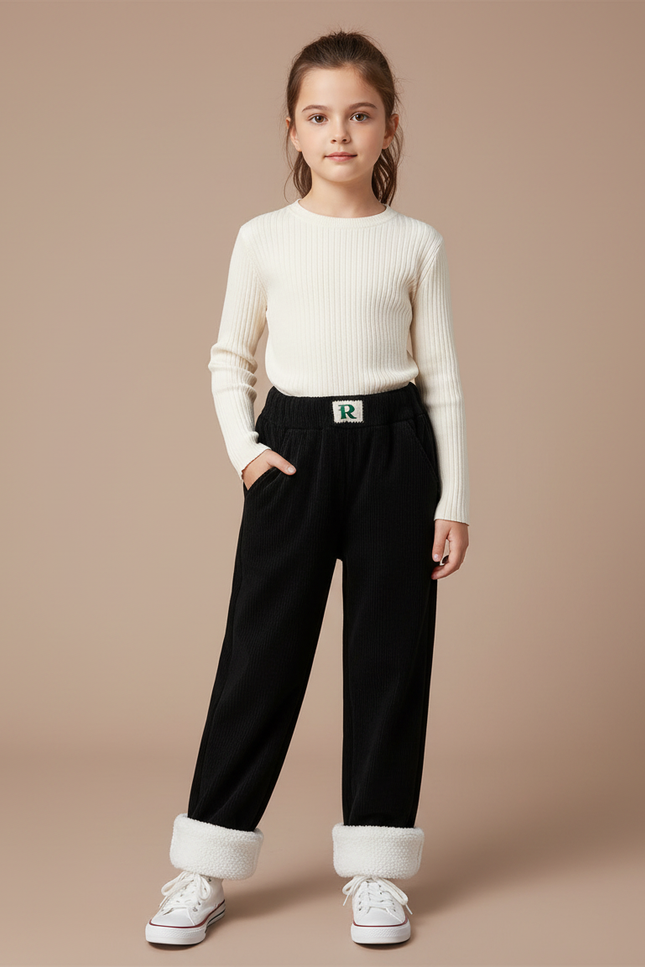Pantalon Velours Noir Côtelé Ample Doublé Chaud Enfant
