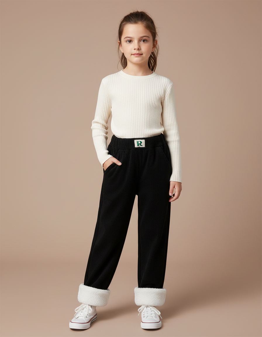 Pantalon Velours Noir Côtelé Ample Doublé Chaud Enfant