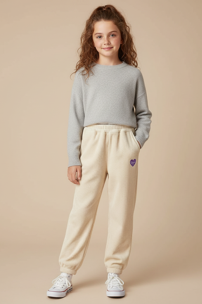 Pantalon Velours Côtelé Écru Ample Cœur Fille - Beige Cordé