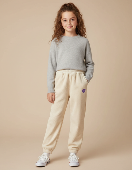 Pantalon Velours Côtelé Écru Ample Cœur Fille - Beige Cordé