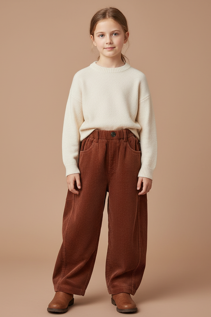 Pantalon Velours Marron Côtelé Ample Enfant Fille - Cordé