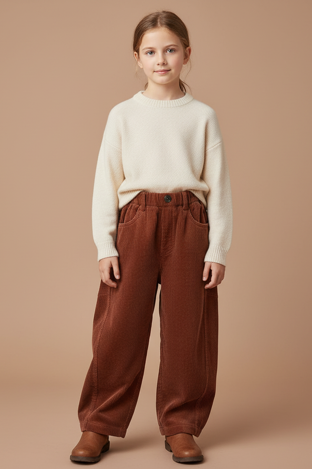 Pantalon Velours Marron Côtelé Ample Enfant Fille - Cordé