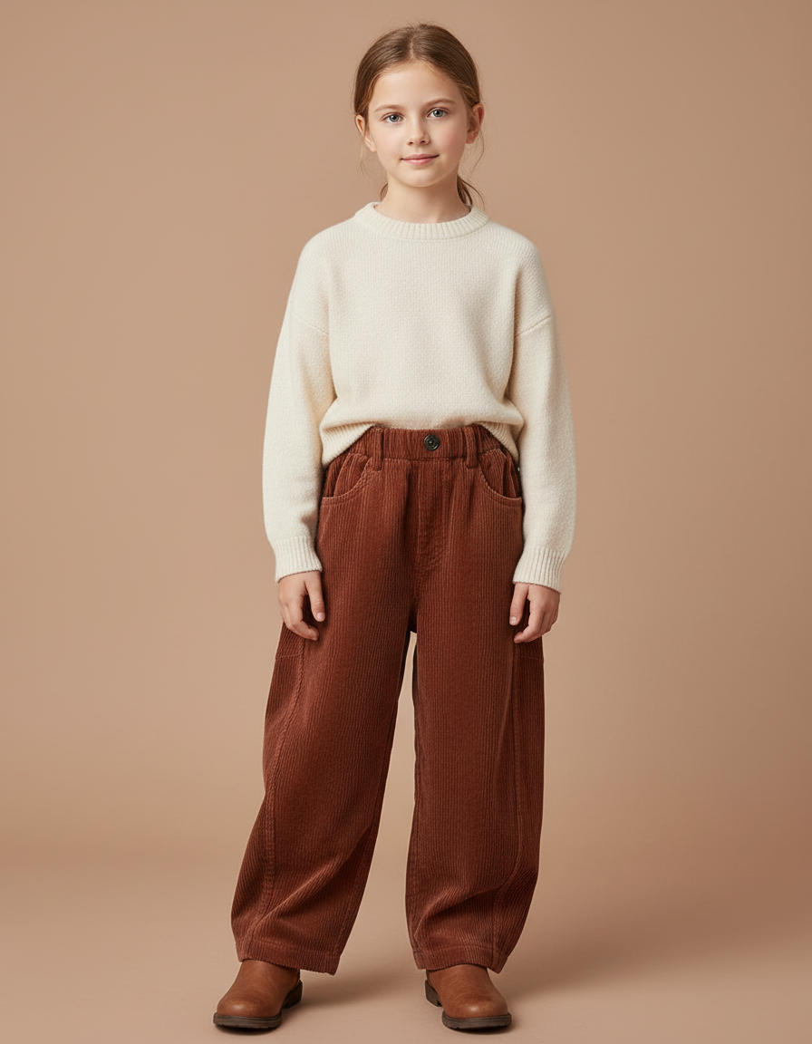 Pantalon Velours Marron Côtelé Ample Enfant Fille - Cordé