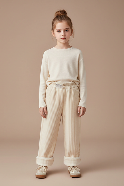 Pantalon Velours Côtelé Écru Ample Enfant Fille - Beige Cordé