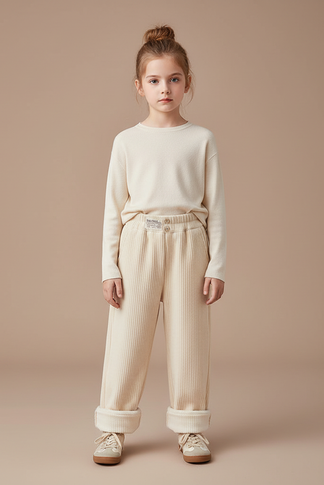 Pantalon Velours Côtelé Écru Ample Enfant Fille - Beige Cordé