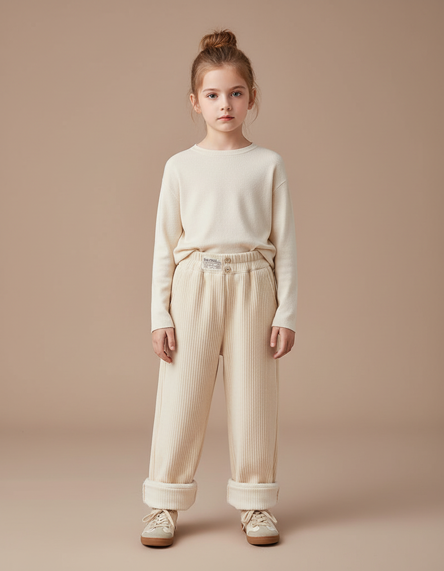 Pantalon Velours Côtelé Écru Ample Enfant Fille - Beige Cordé