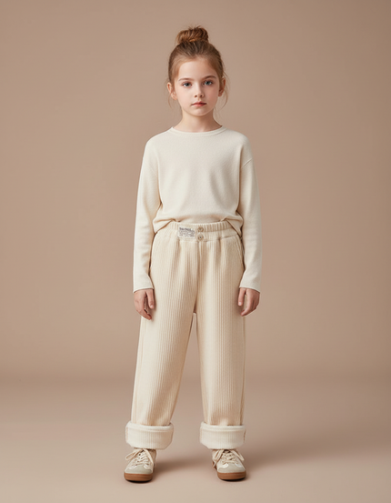 Pantalon Velours Côtelé Écru Ample Enfant Fille - Beige Cordé