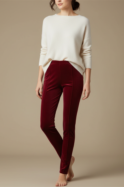 Pantalon Velours Rouge Bordeau Slim Confortable Femme - Bordeaux