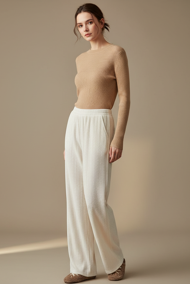 Pantalon Velours Crème Droit Côtelé Ample Confortable - Blanc Cordé