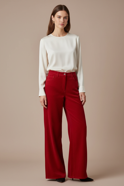 Pantalon Velours Rouge Ample Côtelé Évasé Femme - Cordé