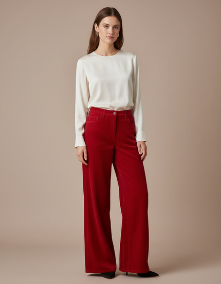 Pantalon Velours Rouge Ample Côtelé Évasé Femme - Cordé