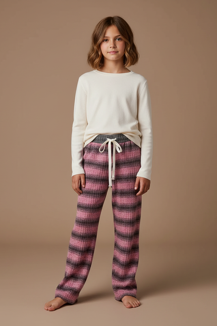 Pantalon Velours Rose Rayé Chaud Fille Hiver - Maille
