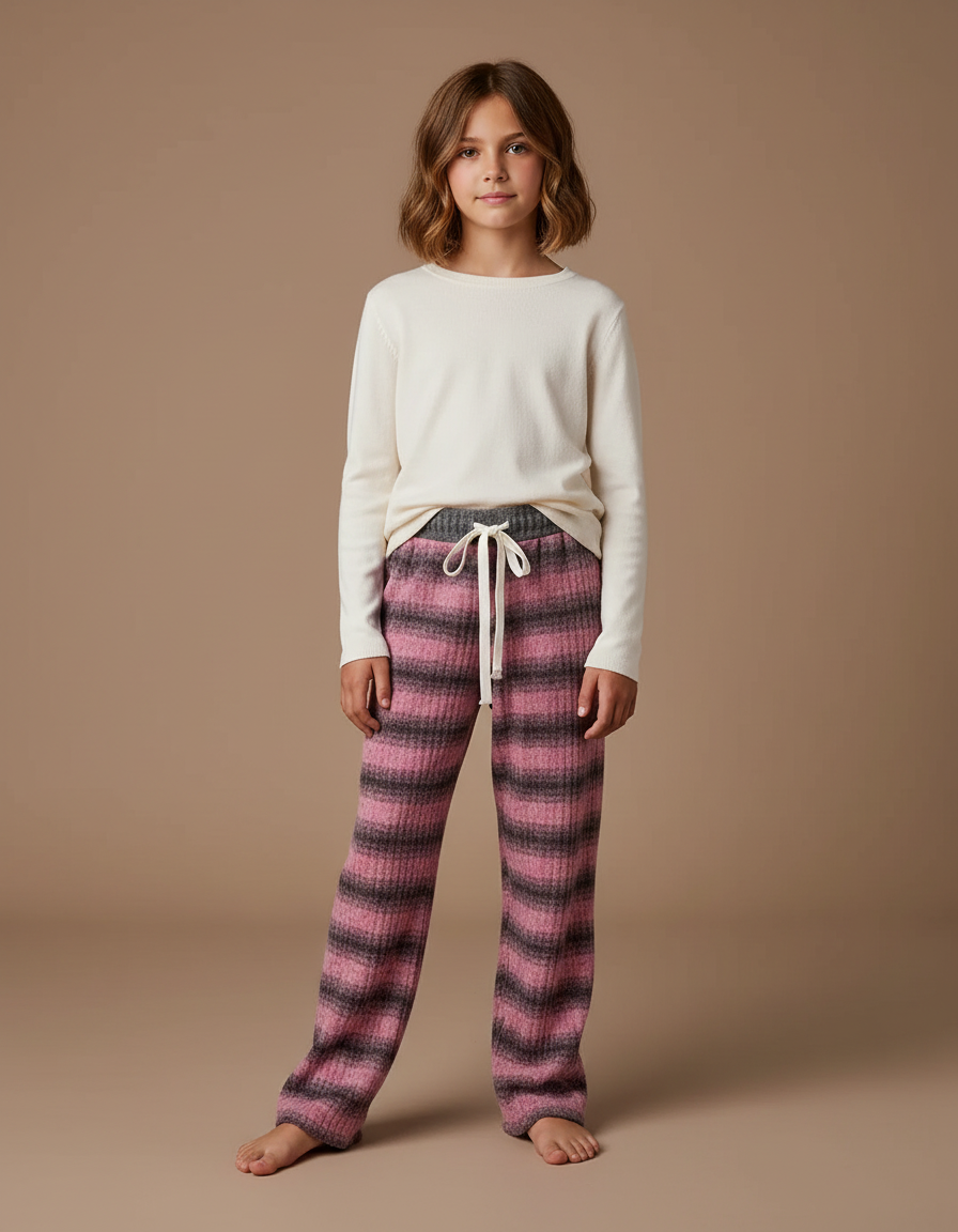 Pantalon Velours Rose Rayé Chaud Fille Hiver - Maille