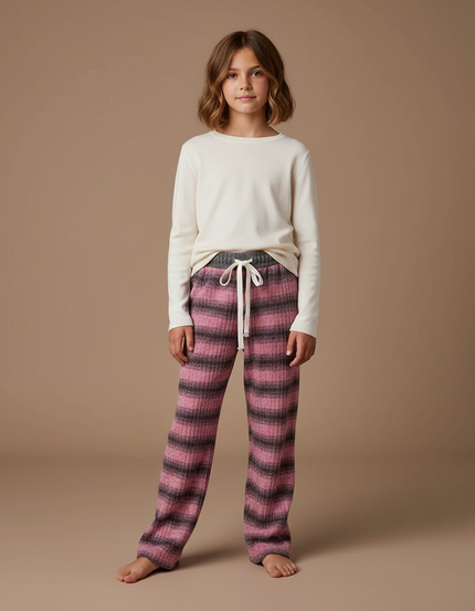 Pantalon Velours Rose Rayé Chaud Fille Hiver - Maille