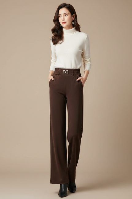 Pantalon Velours Marron Taille Haute Ample Élégant