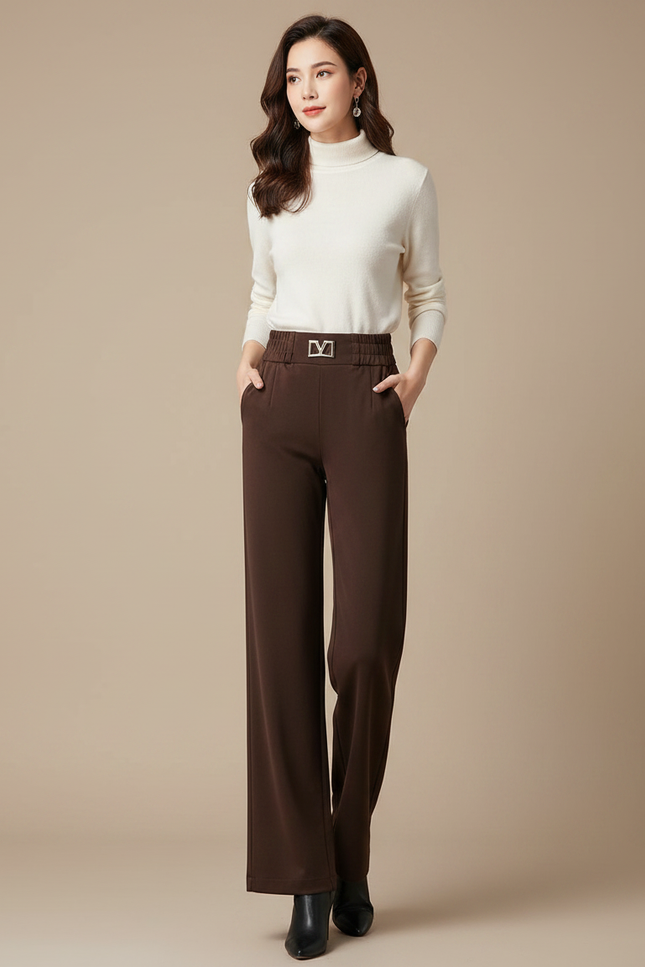 Pantalon Velours Marron Taille Haute Ample Élégant