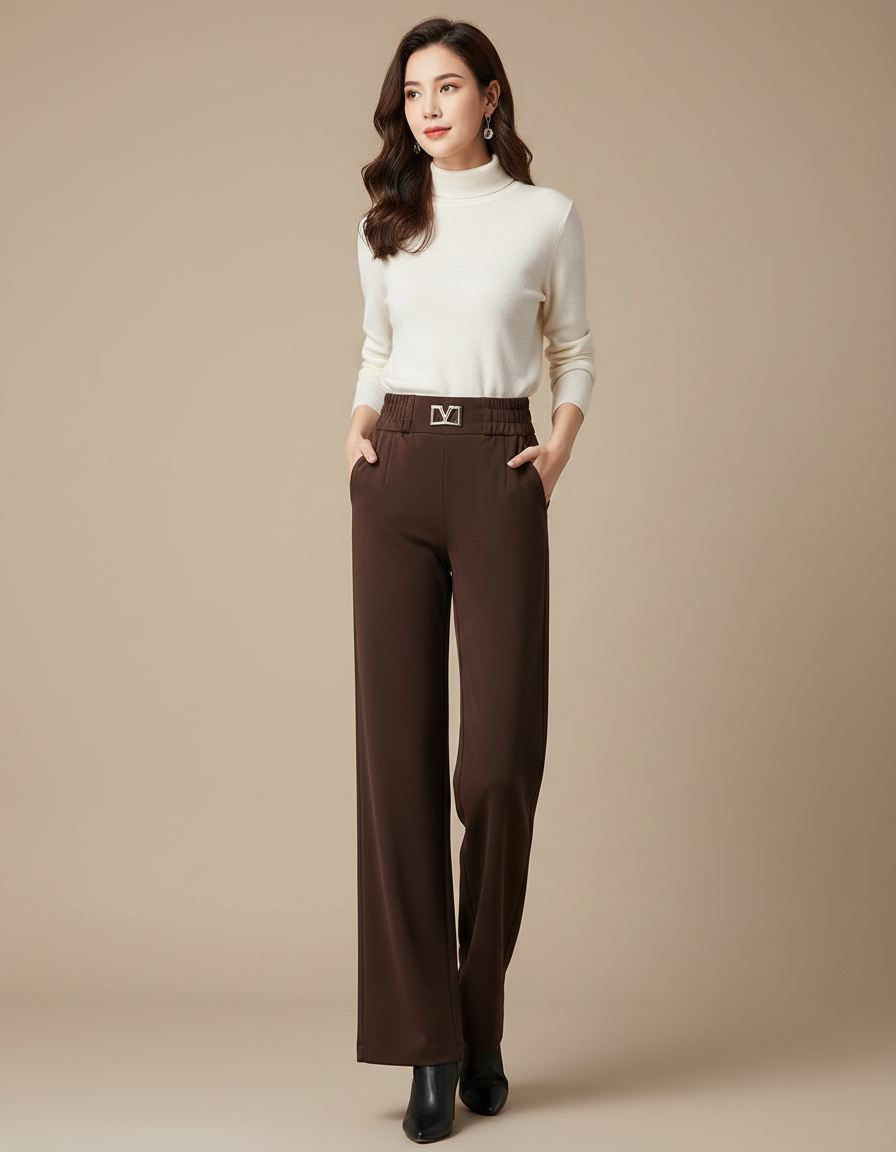 Pantalon Velours Marron Taille Haute Ample Élégant