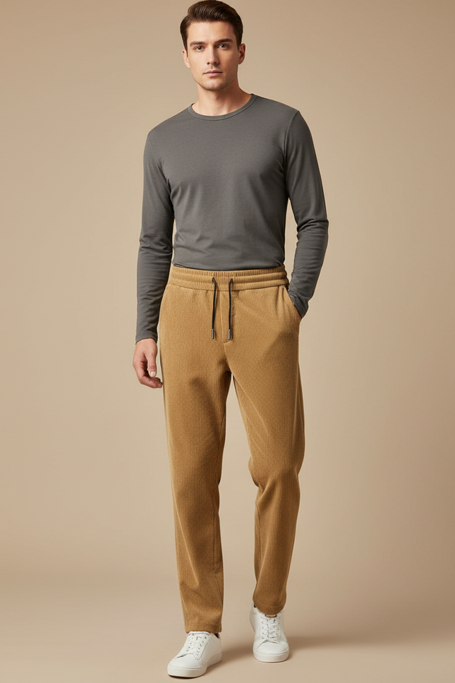 Pantalon Velours Côtelé Marron Décontracté Cordon Homme - Camel Cordé